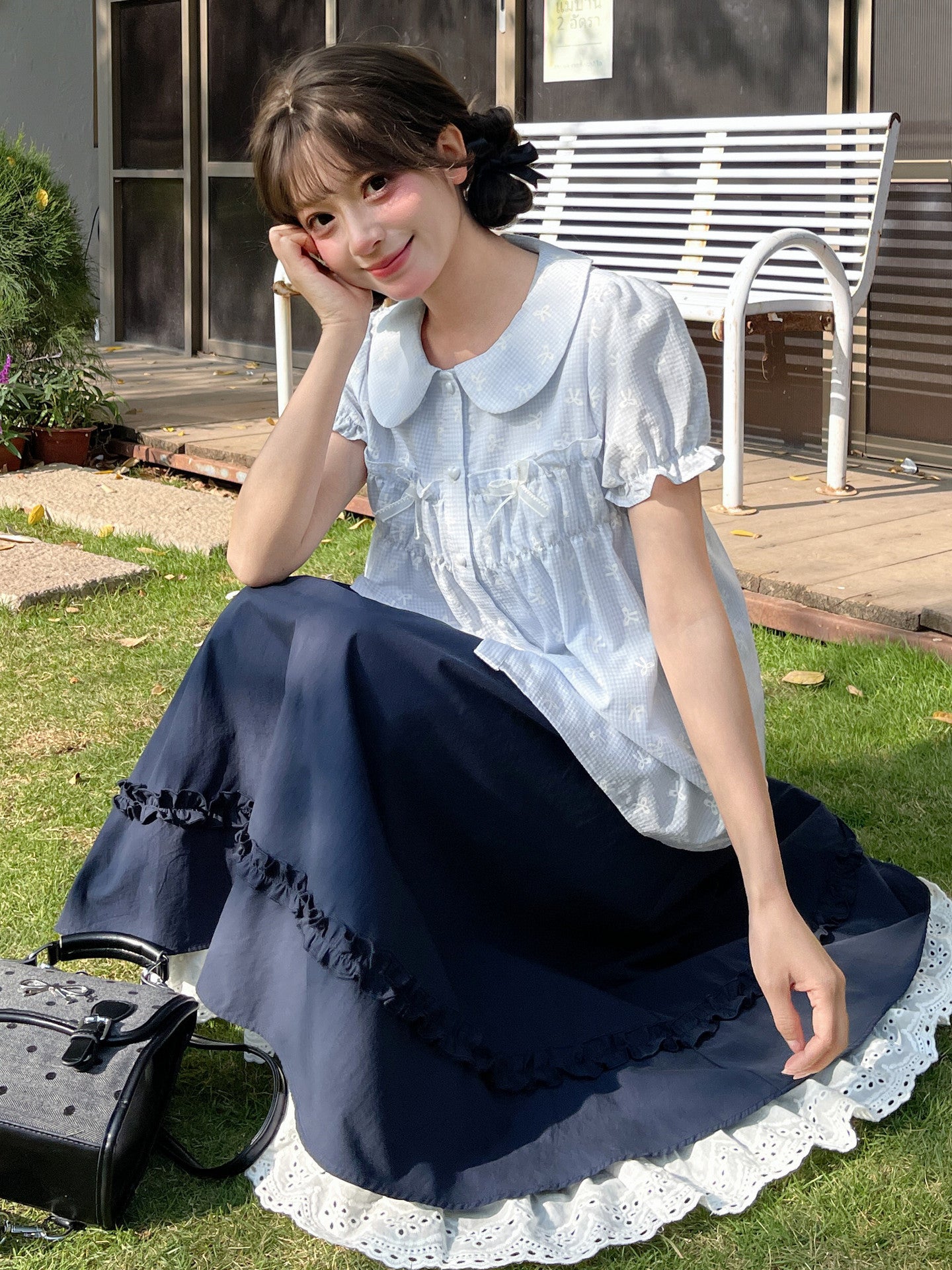 Petite Ribbon Babydoll Blouses-Tops-ntbhshop