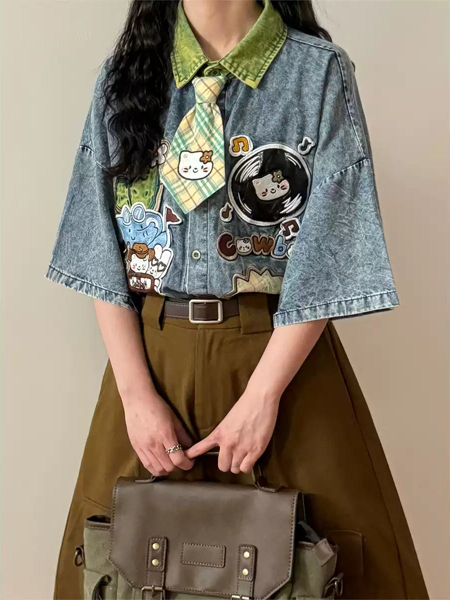 Kitty Patch Denim Tie Shirts-Tops-ntbhshop