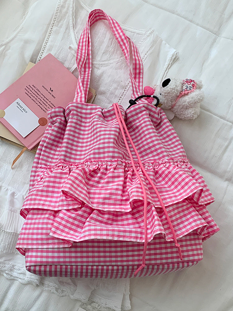 Cloud Check Gingham Ruffle Tote Bags-ntbhshop