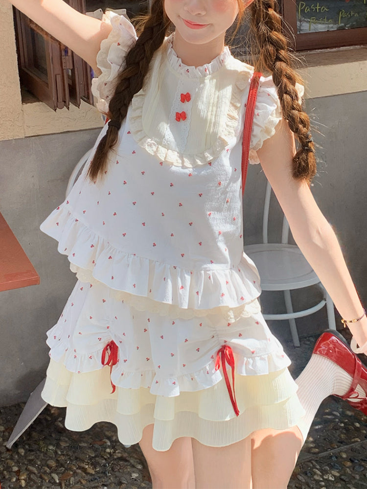 Red Petal Fairy Sleeve Blouse & Cake Skirt-ntbhshop