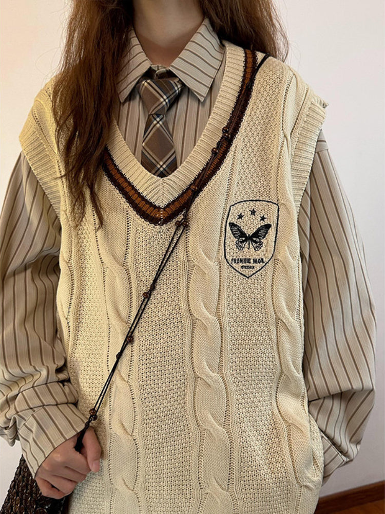 Butterfly Crest Cable Knit Vests-Tops-ntbhshop