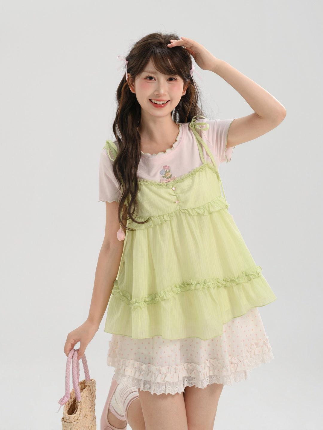 Tulip Veil Ribbon Babydoll Blouse-Tops-ntbhshop