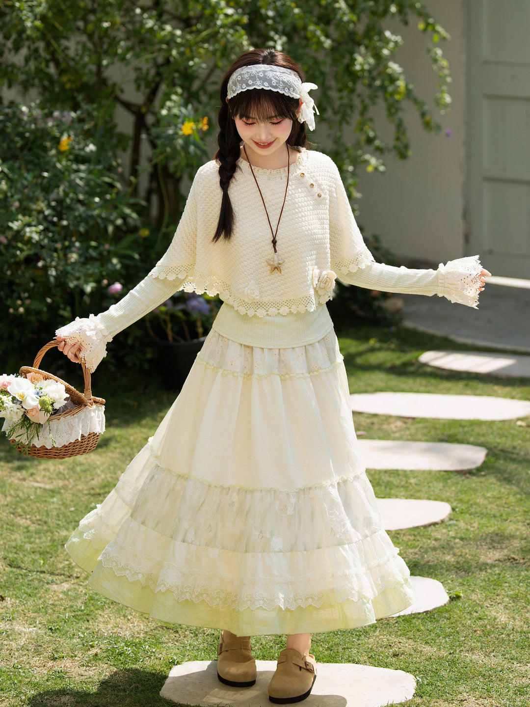 Sage Petal Knit Cape-Outerwear-ntbhshop
