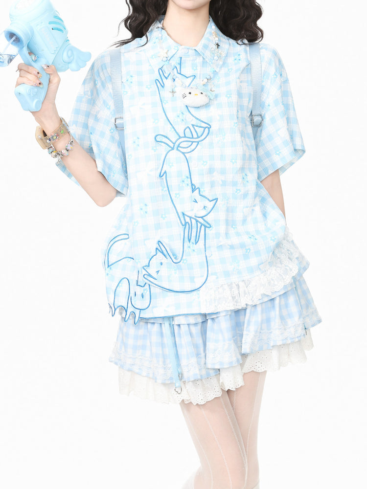 Kitty Twirly Plaid Shirts-Tops-ntbhshop