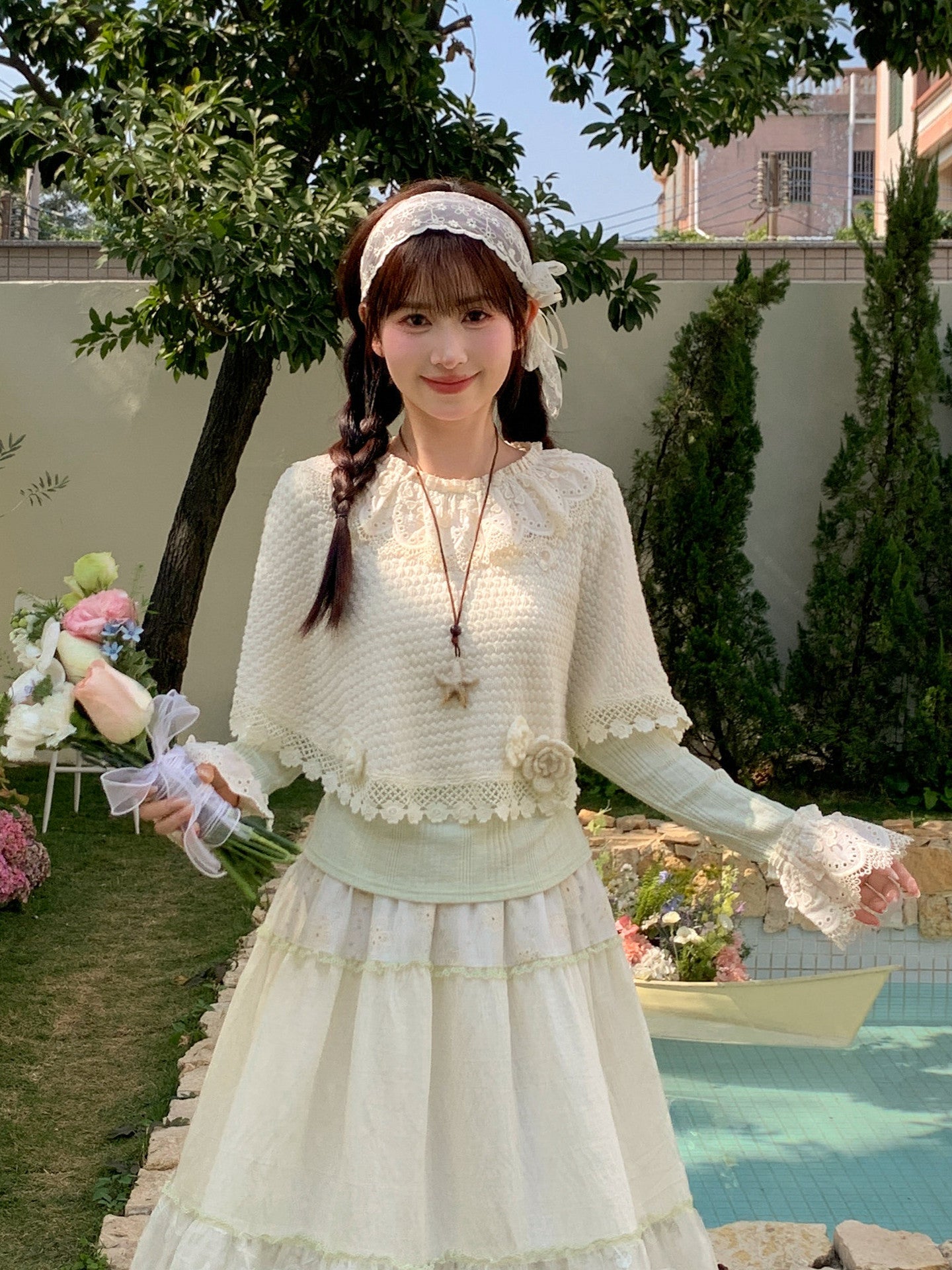 Sage Petal Knit Cape-Outerwear-ntbhshop