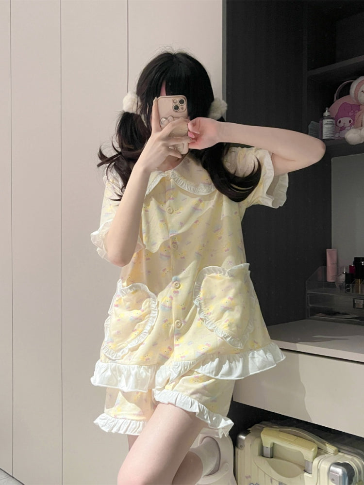 Butter Lemon Cute Ruffle Sleeve Pajamas Sets-ntbhshop