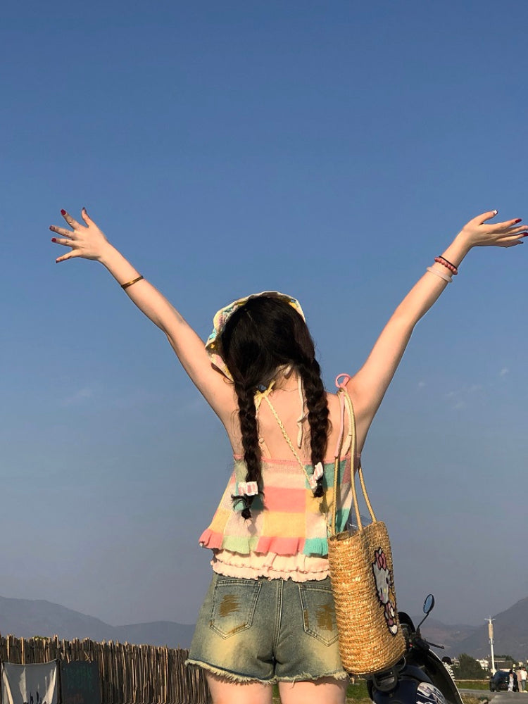 Candy Patch Checkered Flower Knit Vests-ntbhshop