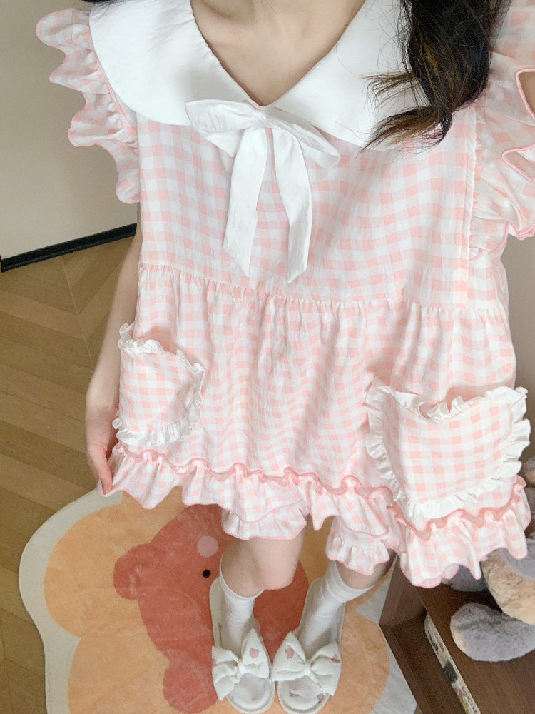 Peachy Gingham Night Fairy Sleeve Pajamas Set-ntbhshop