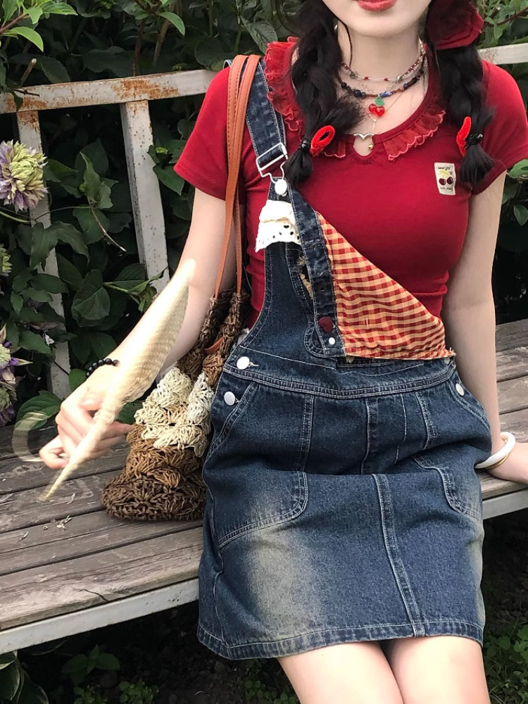 Sweet Cherry Denim Dungaree Dresses-ntbhshop