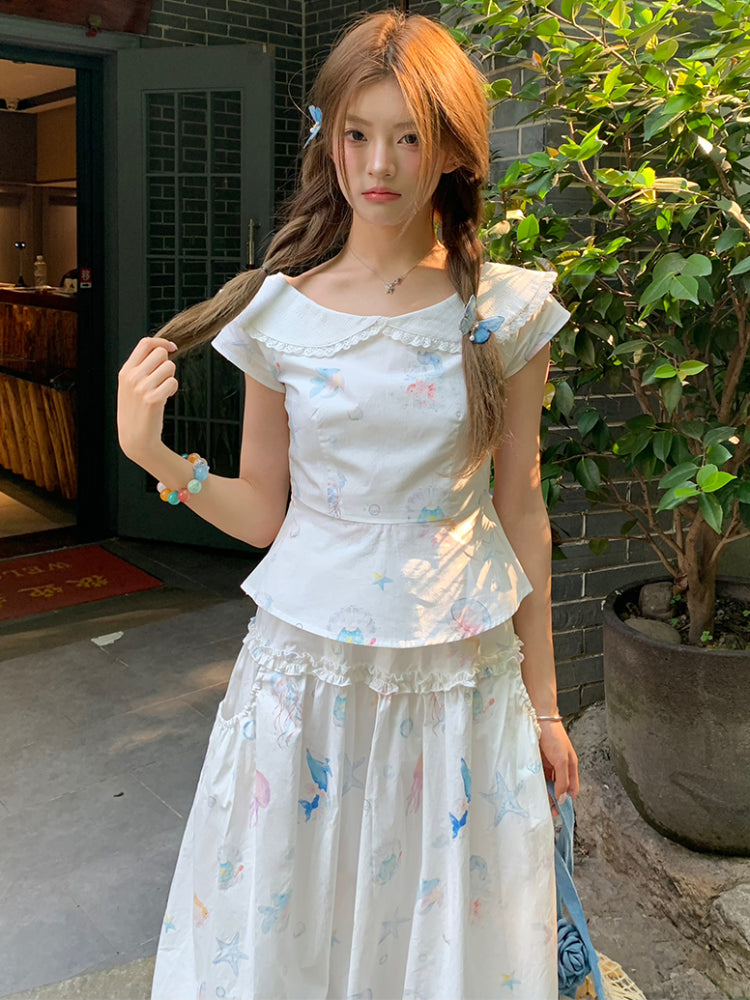 Dream Sea Pearl Peplum Top & Bubble Skirt Set-ntbhshop