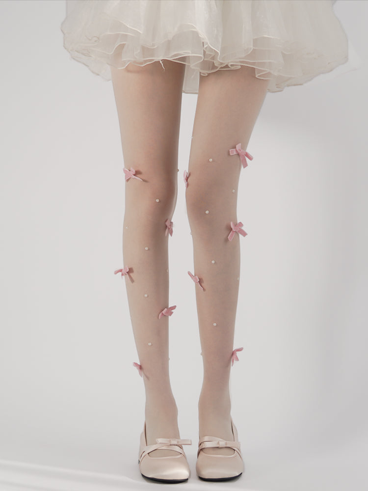 Cream Puff Lolita Bow Pearl Tights-ntbhshop