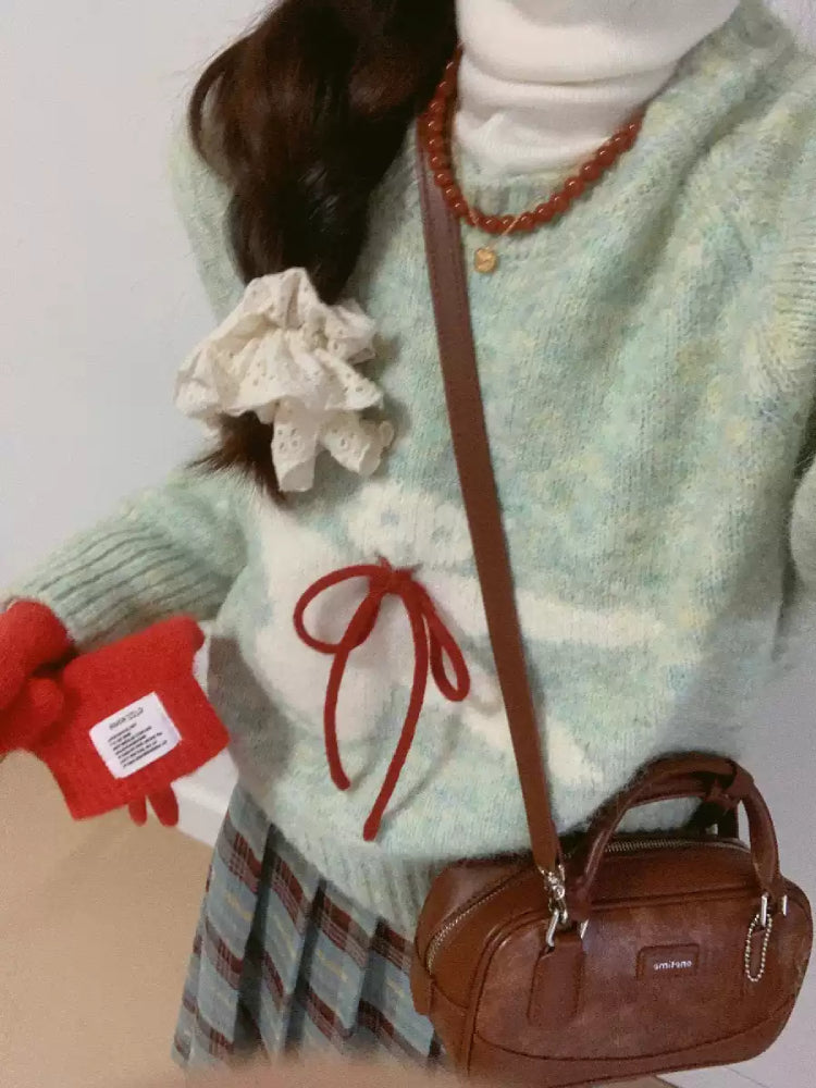 Mint Bear Bow Knit Sweater-Outerwear-ntbhshop
