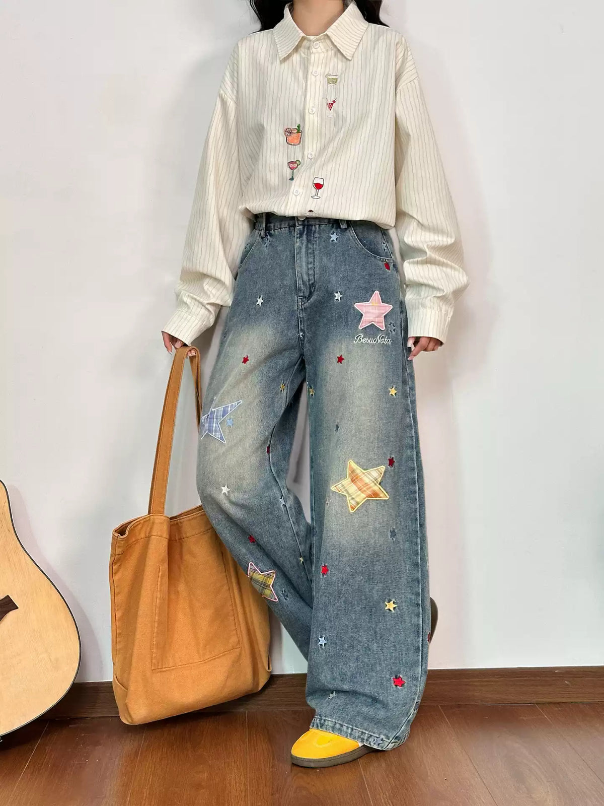 Stargazer Patch Wide Leg Jeans-Bottoms-ntbhshop