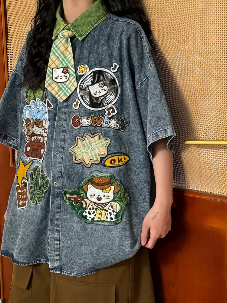 Kitty Patch Denim Tie Shirts-Tops-ntbhshop