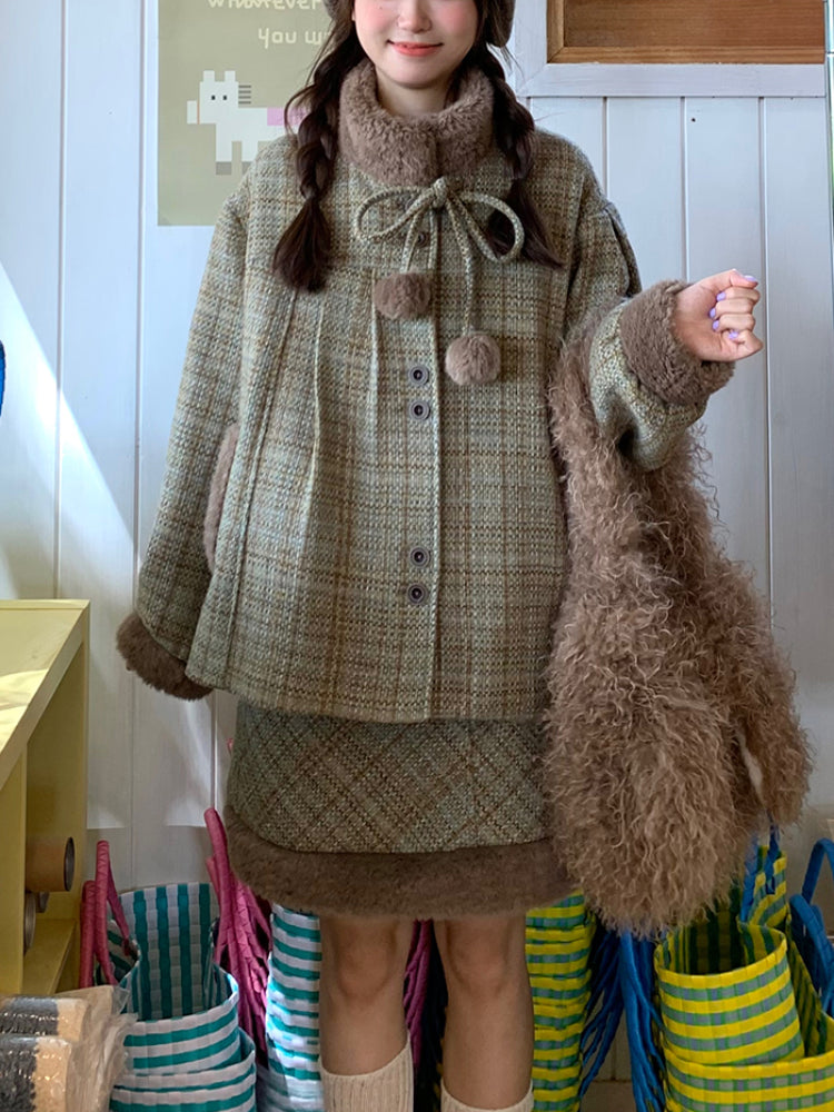 Tweed Teddy Pompom Coat & Skirt-ntbhshop