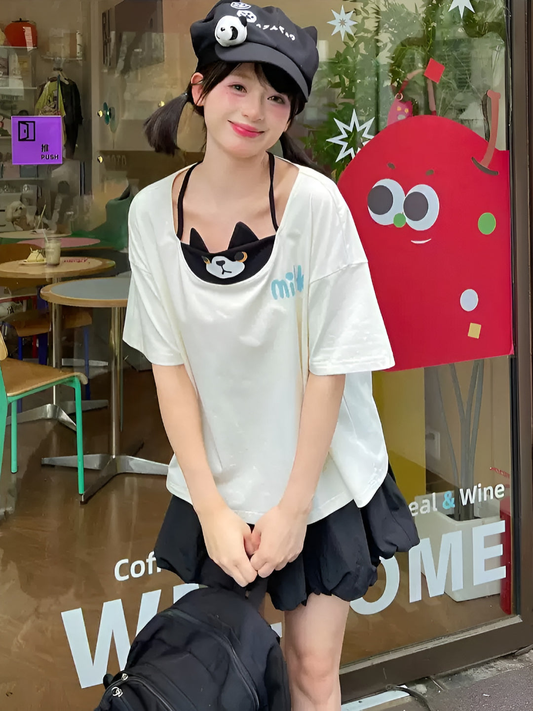 Milk Cat Layered Tee & Bubble Skirt-Sets-ntbhshop