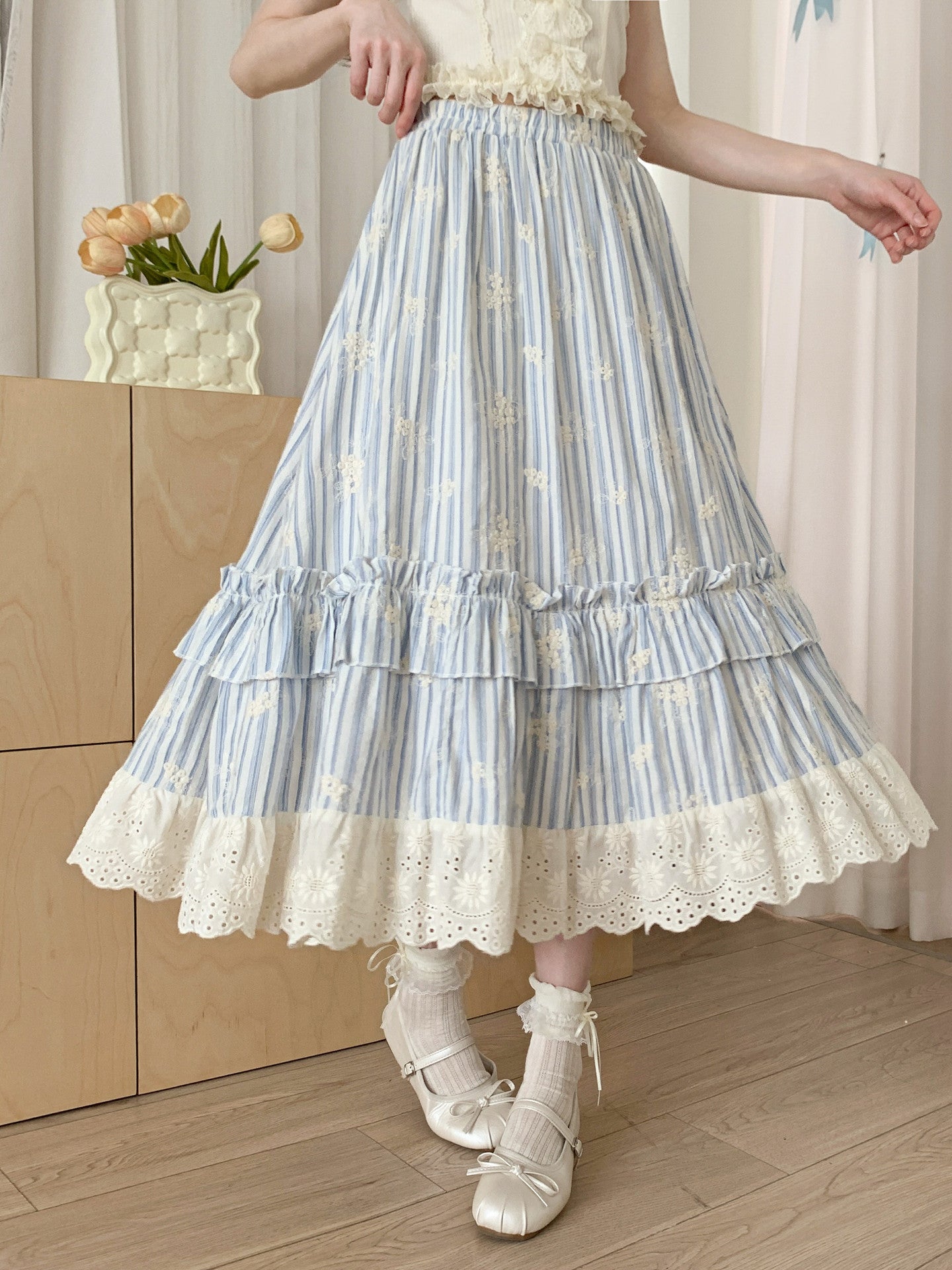 Blue Postcard Midi Skirt-Bottoms-ntbhshop