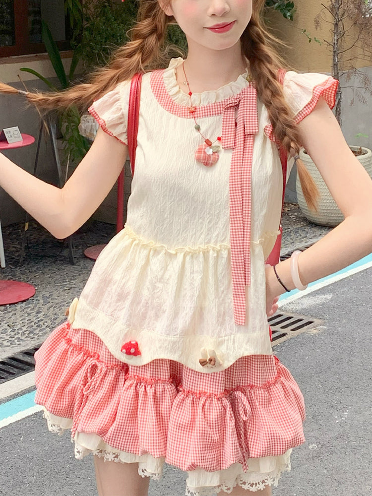 Mushroom Homie Fairy Sleeve Blouse & Plaid Puff Skirt-ntbhshop