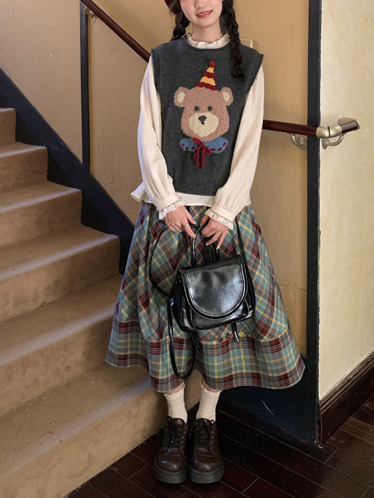 Teddy Picnic Nostalgia Vest & Midi Skirt-ntbhshop