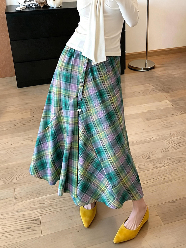 Mint Meadow Plaid Midi Skirt-Bottoms-ntbhshop