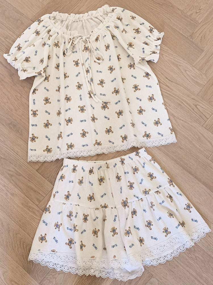 Vintage Bear Waffle Pajama Set-Sets-ntbhshop