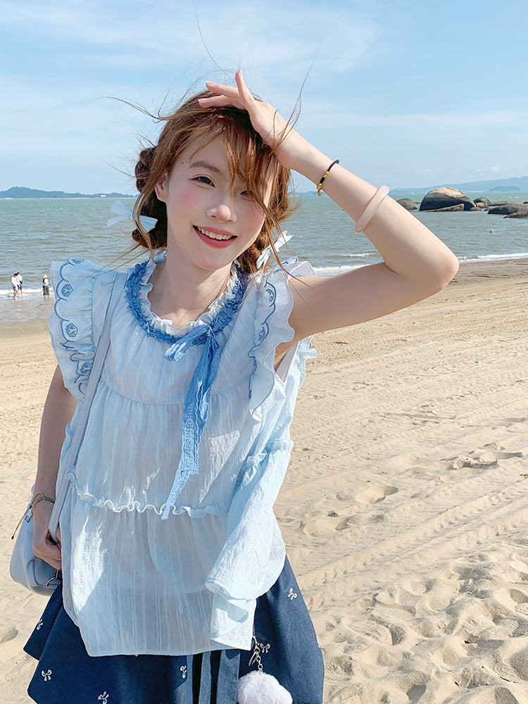 Ocean Whisper Fairy Sleeve Blouse, Dress & Denim Skirt-ntbhshop