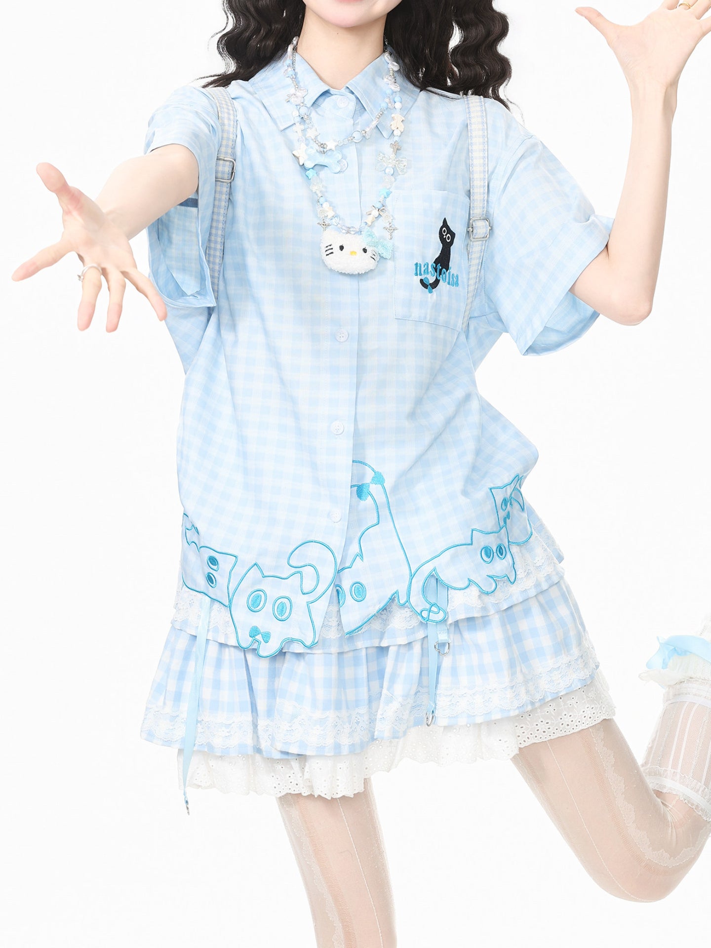 Whimsy Kitty Gingham Shirts-Tops-ntbhshop