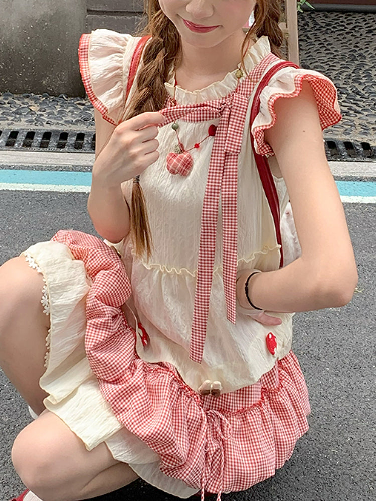 Mushroom Homie Fairy Sleeve Blouse & Plaid Puff Skirt-ntbhshop