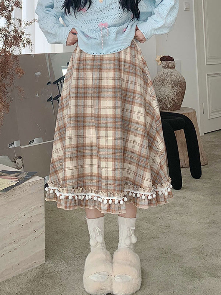 Autumn Plaid Pompom Midi Skirt-ntbhshop