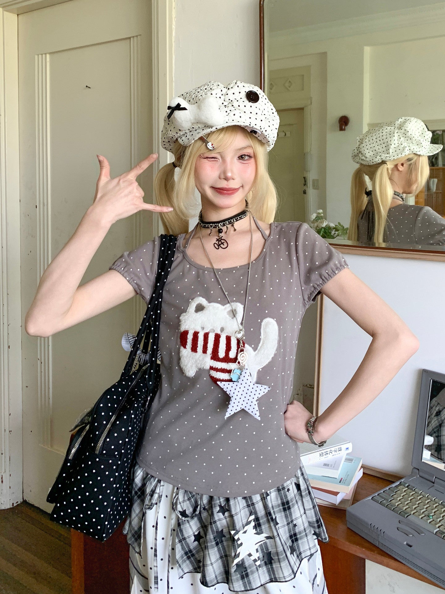 Polka Dot Kitten Halter Tee-Tops-ntbhshop