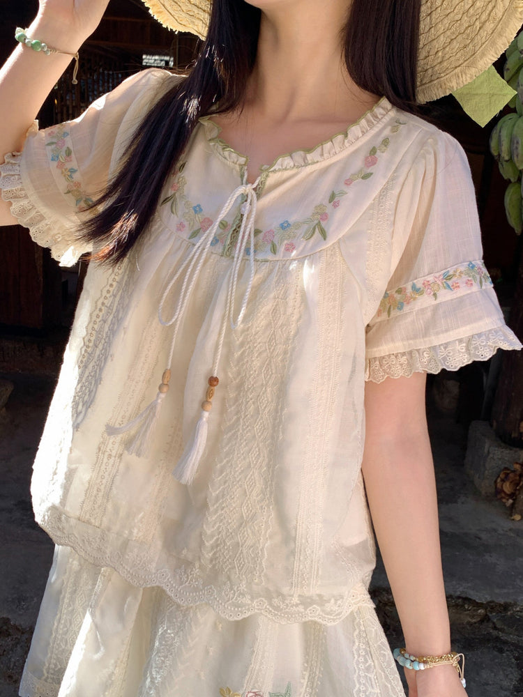 Pastoral Breeze Lace Blouse & Skirt-Sets-ntbhshop