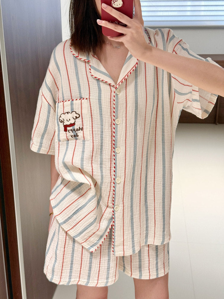 Puppy Stripe Double-Gauze Pajama Set-Sets-ntbhshop