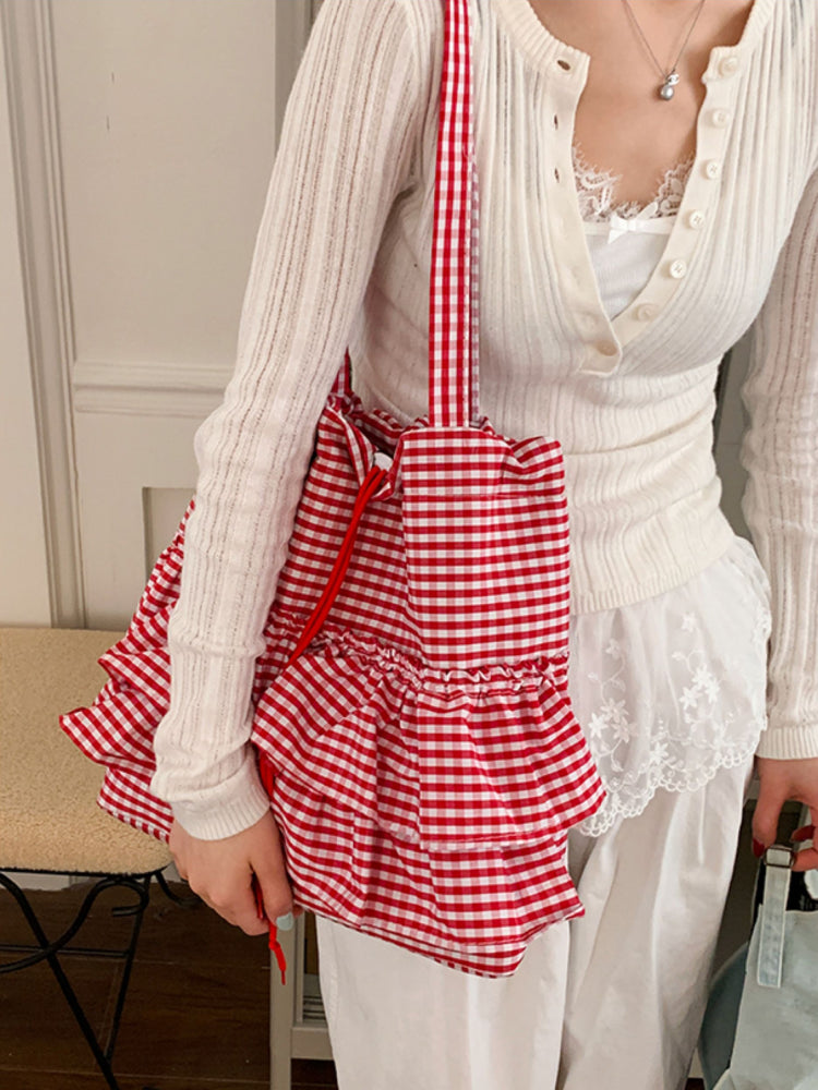 Cloud Check Gingham Ruffle Tote Bags-ntbhshop