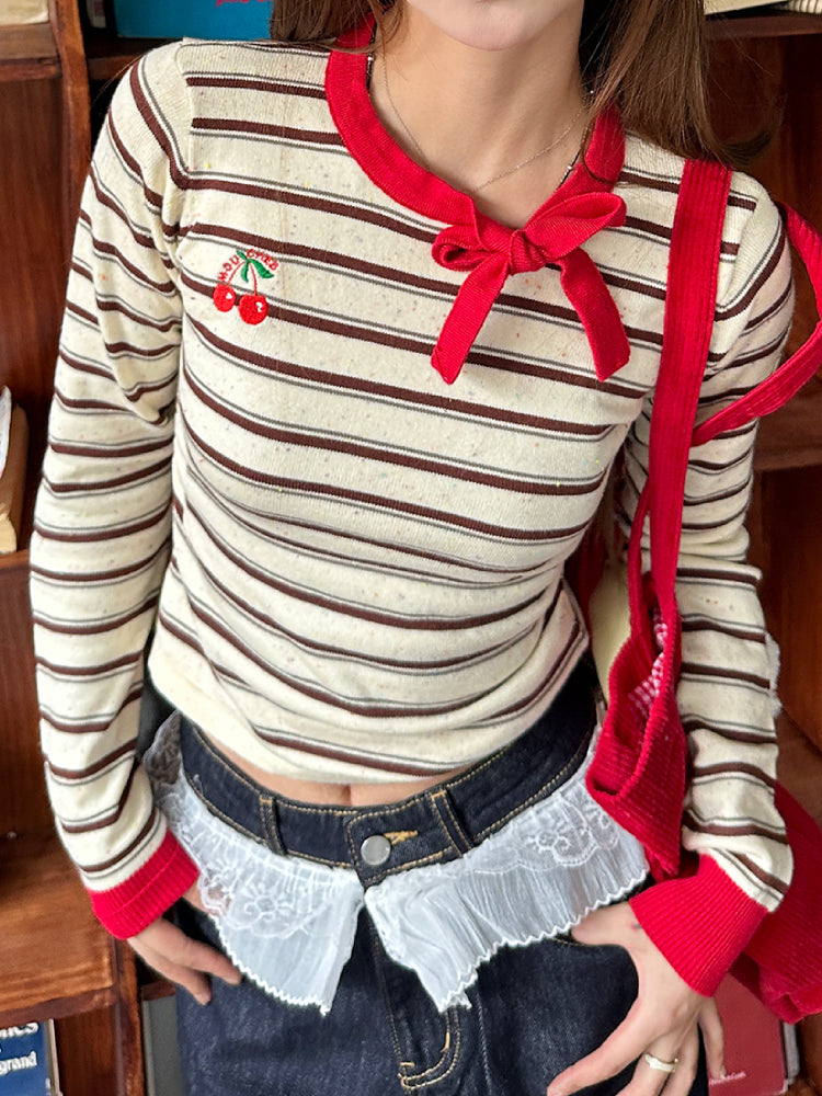 Cherry Cherry Stripe Slim Knit Tops-ntbhshop