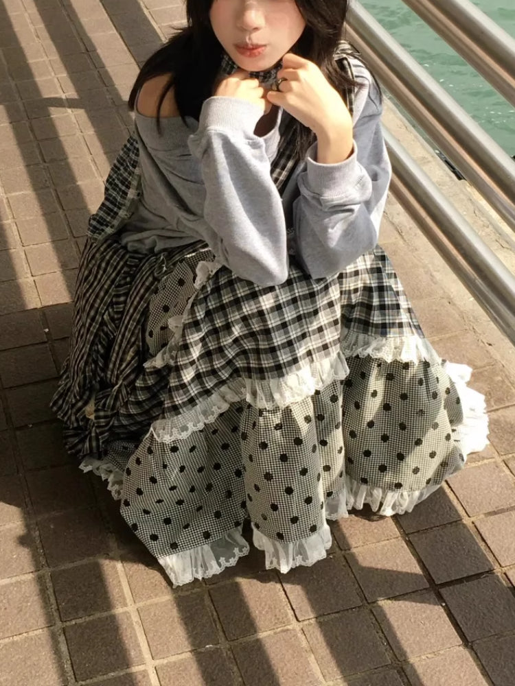 Black Sesame Plaid Lace Maxi Skirt-ntbhshop