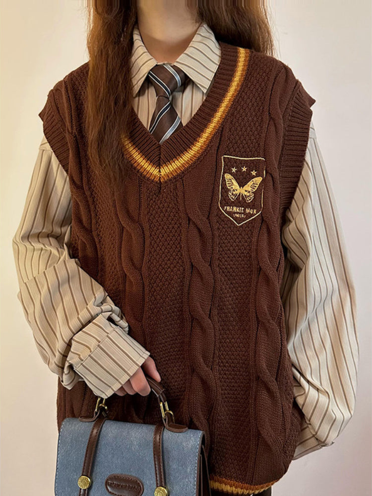 Butterfly Crest Cable Knit Vests-Tops-ntbhshop