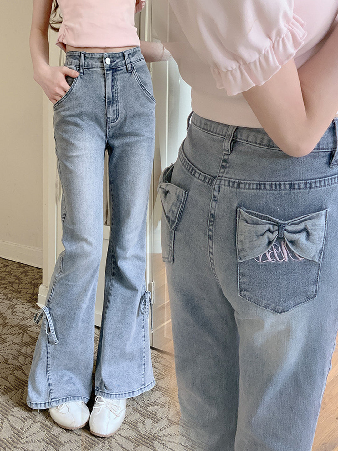 Bow Pocket Flare Jeans-Bottoms-ntbhshop