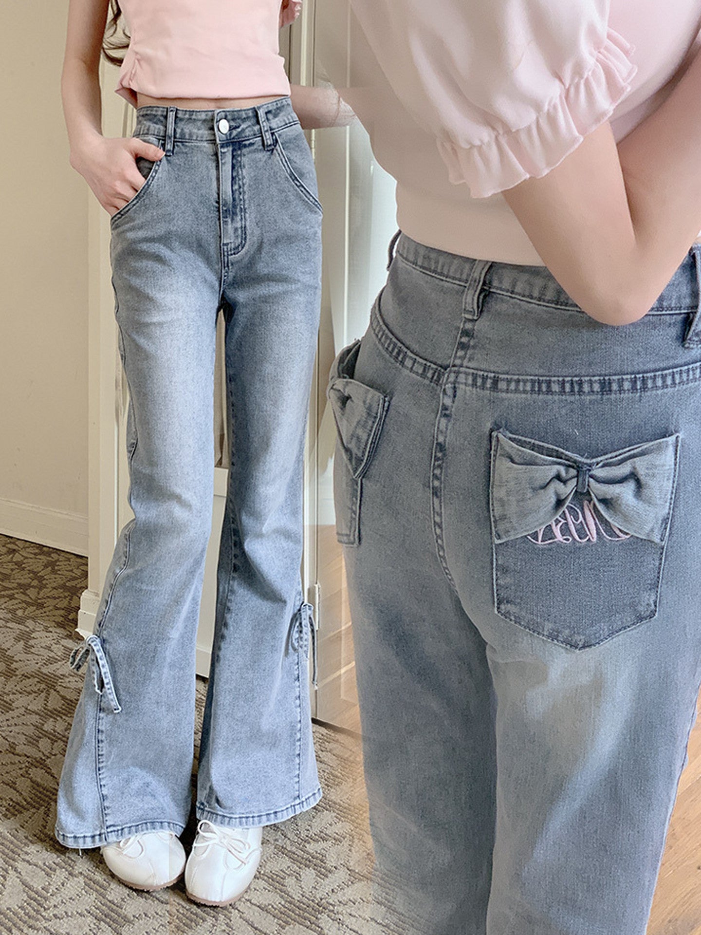 Bow Pocket Flare Jeans-Bottoms-ntbhshop
