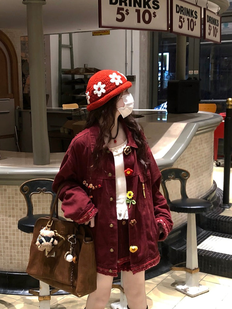 Crochet Bloom Button Denim Jackets-ntbhshop