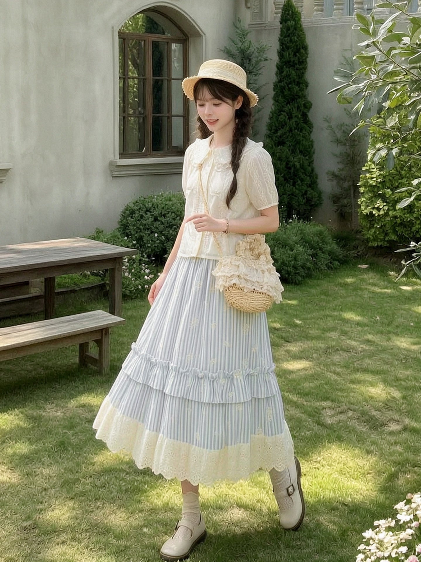 Blue Postcard Midi Skirt-Bottoms-ntbhshop