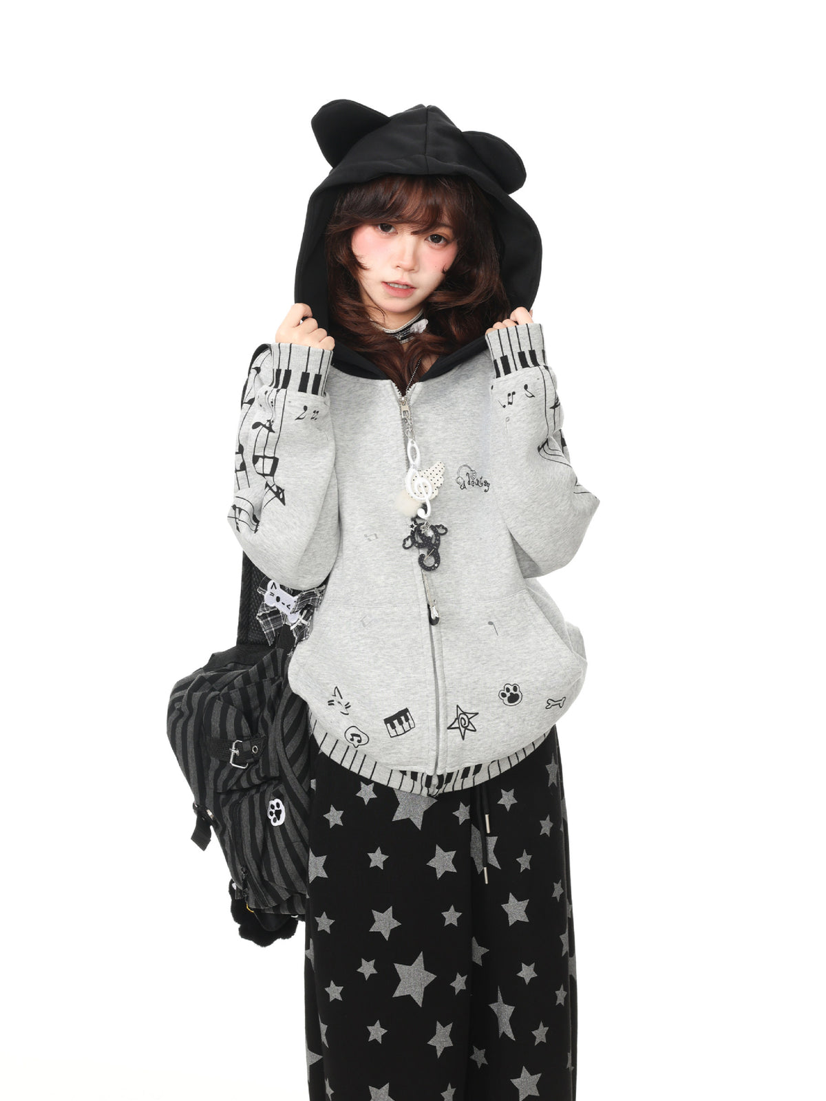 Piano Kitty Knit Hoodies-Outerwear-ntbhshop