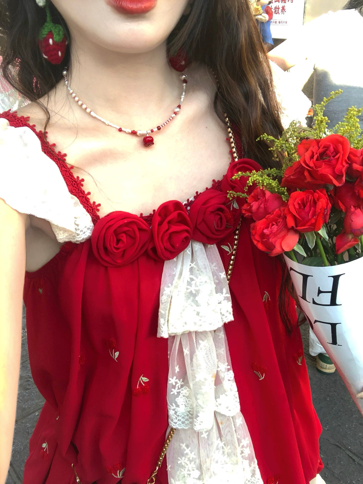 Cherry Rosette Bubble Blouses-Tops-ntbhshop