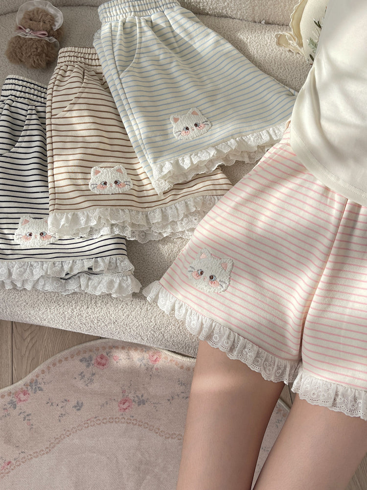 Kitty Stripe Lounge Shorts-Bottoms-ntbhshop