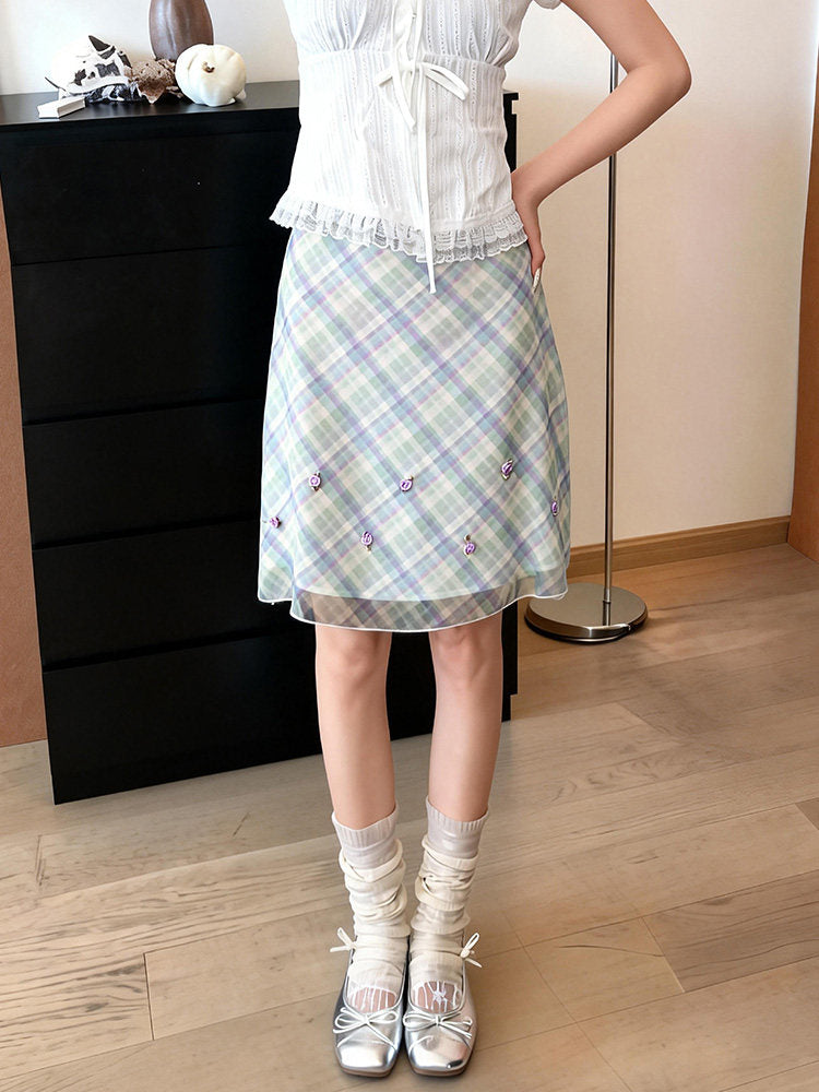 Mint Clover Plaid Skirt-Bottoms-ntbhshop