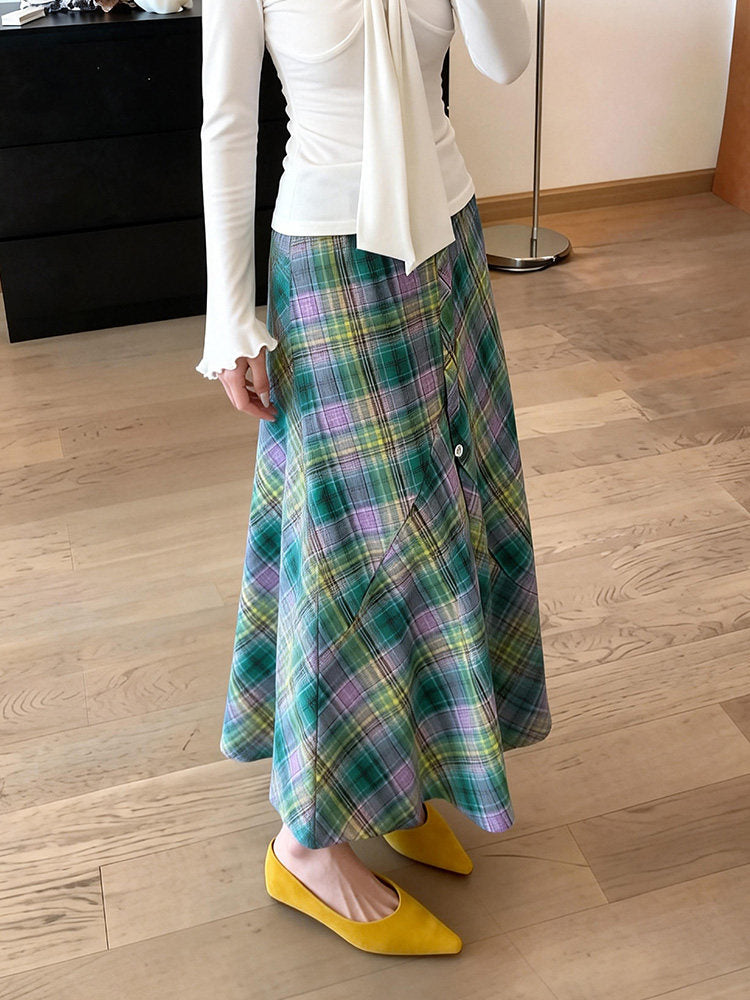 Mint Meadow Plaid Midi Skirt-Bottoms-ntbhshop