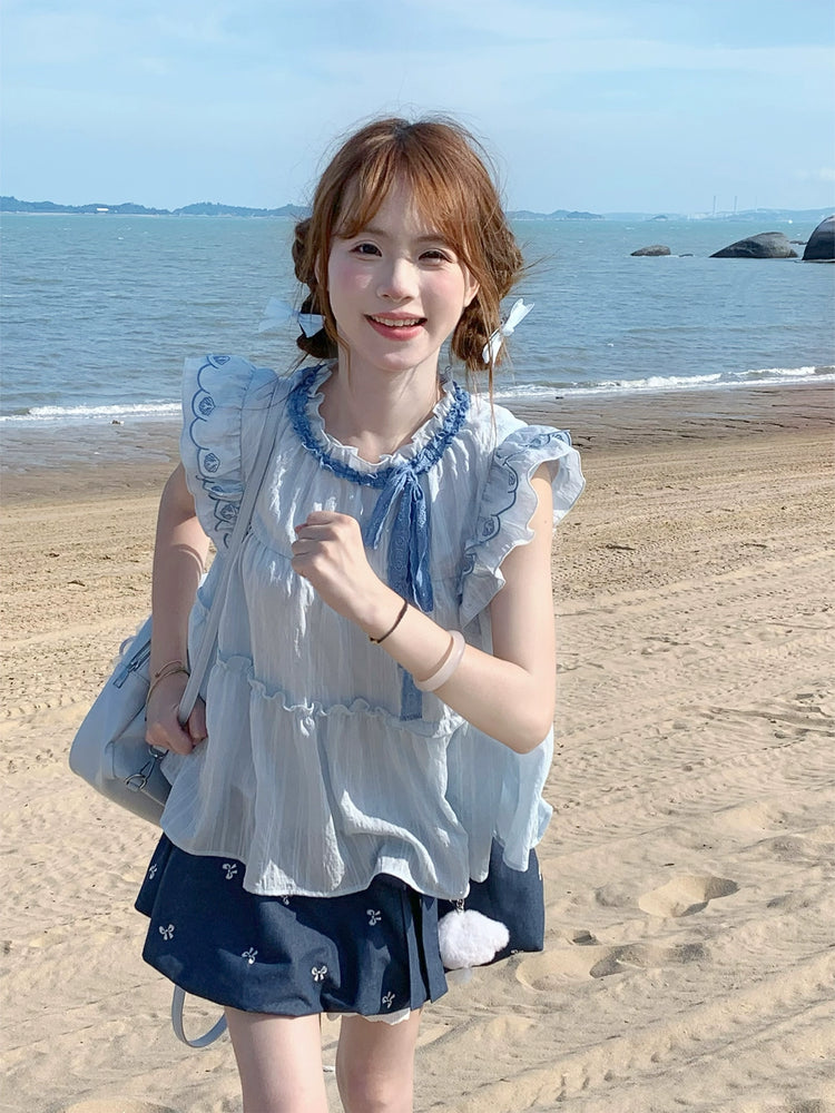 Ocean Whisper Fairy Sleeve Blouse, Dress & Denim Skirt-ntbhshop