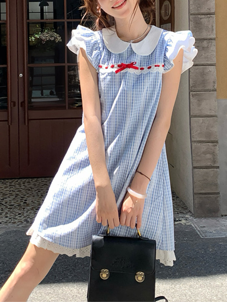 Plaid Puff Sky Short Dress-ntbhshop