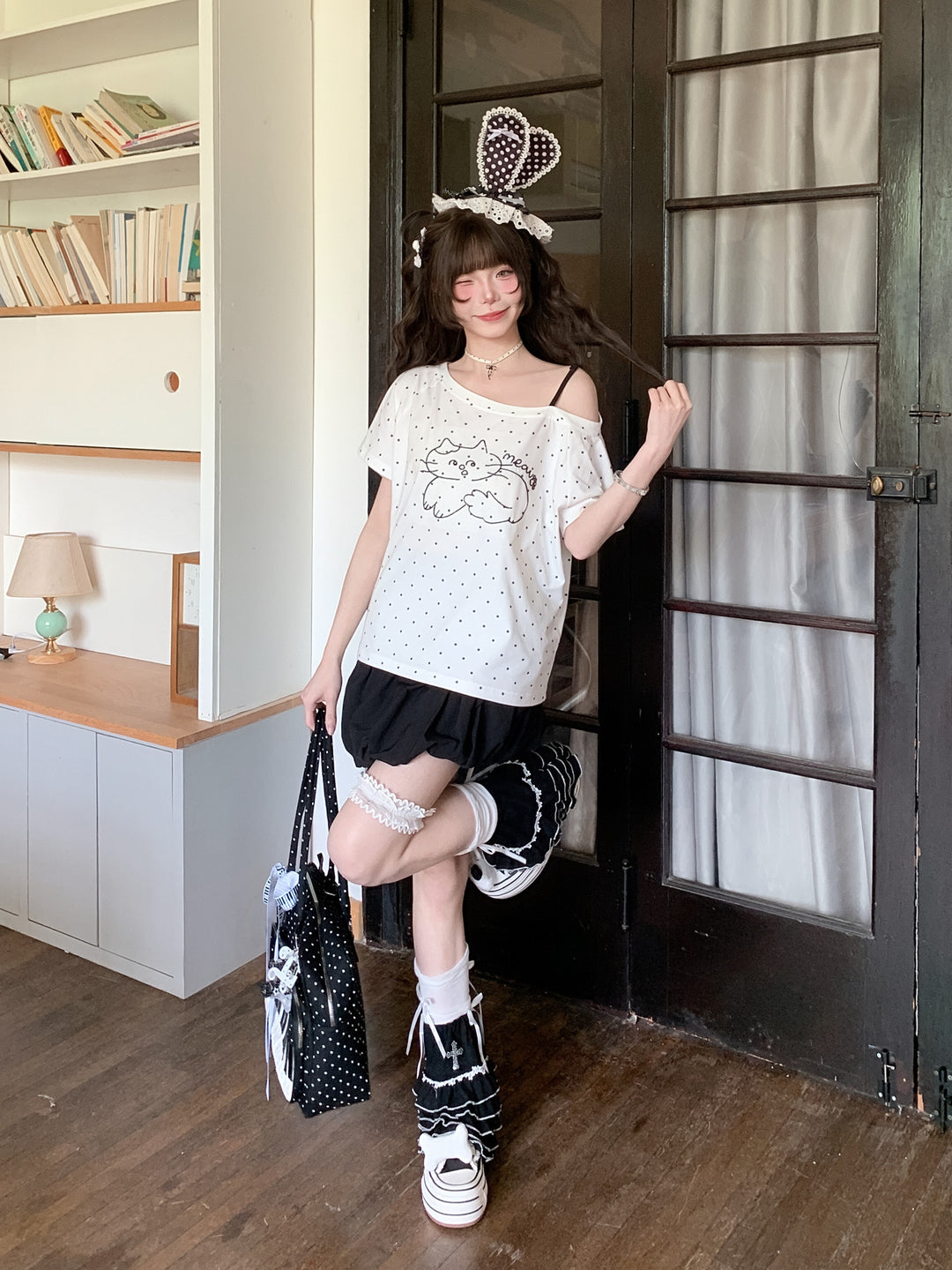 Polka Dot Meow Slant Top-Tops-ntbhshop
