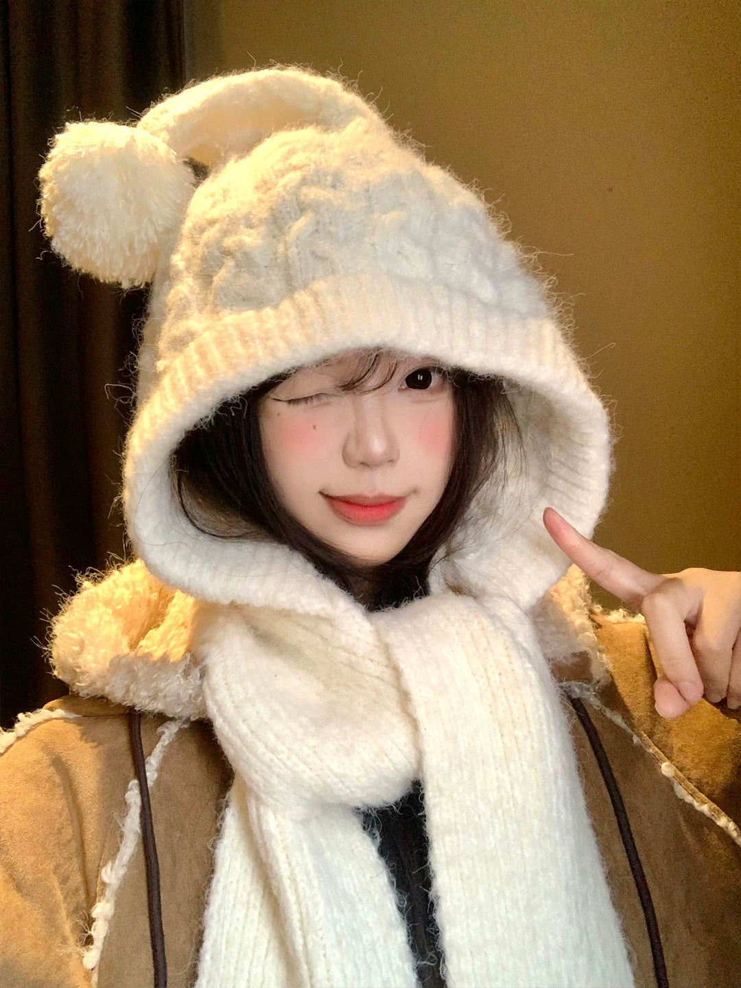 Snow Spirit Pom Pom Hood Scarf-ntbhshop