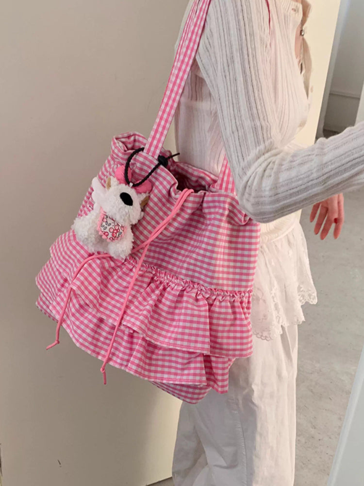 Cloud Check Gingham Ruffle Tote Bags-ntbhshop